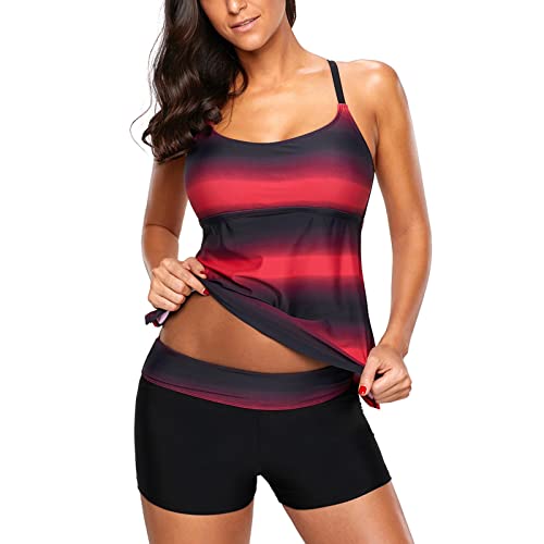 Badeanzug Damen Tankini Push up Bauchweg Hohe Taille Badeshorts Zweiteiler Bademode Set Sport Schwimmanzug Badeanzüg Strand Sommer Oberteile Streifen Top Badeshorts Set Badekleid für Frauen(Rot,XXL) von SEDEX