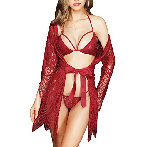 SEDEX 3 Stück Damen Dessous Set Kleid Spitze Negligee BH und Slip Nachtwäsche Transparente Robe Set Cardigan mit Gürtel G-String Bikini Cover up One Piece Lace Erotik Set Reizwäsche (Rot, 3XL) von SEDEX