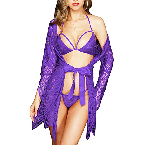 SEDEX 3 Stück Damen Dessous Set Kleid Spitze Negligee BH und Slip Nachtwäsche Transparente Robe Set Cardigan mit Gürtel G-String Bikini Cover up One Piece Lace Erotik Set Reizwäsche (Violett, 3XL) SEDEX 3 Stück Damen Dessous Set Kleid Spitze Negligee BH und Slip Nachtwäsche Transparente Robe Set Cardigan mit Gürtel G-String Bikini Cover up One Piece Lace Erotik Set Reizwäsche (Violett, 3XL) von SEDEX