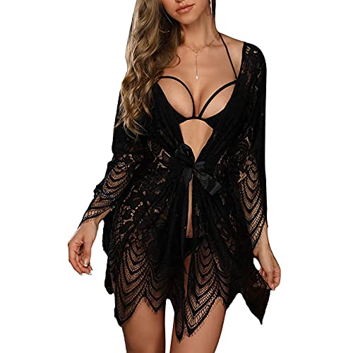 SEDEX 3 Stück Damen Dessous Set Kleid Spitze Negligee BH und Slip Nachtwäsche Transparente Robe Set Cardigan mit Gürtel G-String Bikini Cover up One Piece Lace Erotik Set Reizwäsche von SEDEX