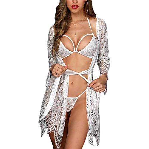 SEDEX 3 Stück Damen Dessous Set Kleid Spitze Negligee BH und Slip Nachtwäsche Transparente Robe Set Cardigan mit Gürtel G-String Bikini Cover up One Piece Lace Erotik Set Reizwäsche von SEDEX