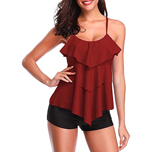 SEDEX Badeanzug Damen Tankini Push up Rüschen Sport Bauchweg Badeanzüge Kleid mit Bein Rock Badeshorts Bademode Badekleid Monokini Zweiteiler Schwimmanzug für Teenager Frauen(Rot,XL) von SEDEX