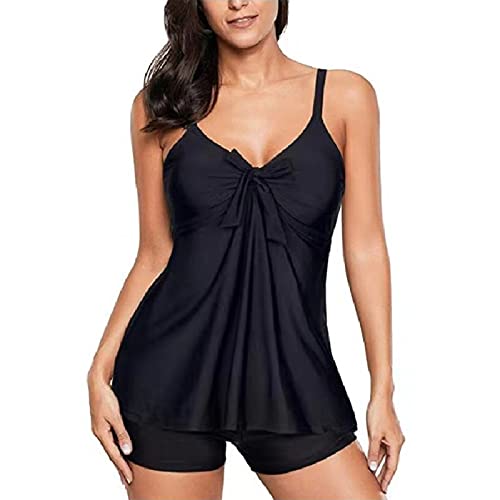 SEDEX Badeanzug Damen Tankini Push up V-Ausschnitt Sport Bauchweg Badeanzüge Kleid mit Bein Rock Badeshorts Bademode Badekleid Monokini Zweiteiler Schwimmanzug Meer für Teenager Frauen, Schwarz L von SEDEX