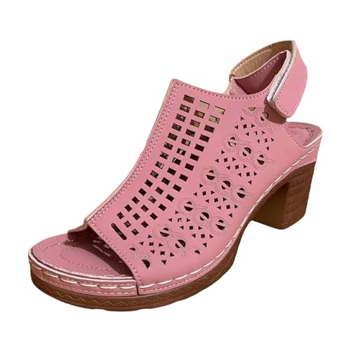 SEEGOU Damen Casual Side Hollow Gürtelschnalle Slope Bottom Roman Schuhe Sommermode Damen Sandalen Damen Schuhe Gelb (Pink, 40) von SEEGOU