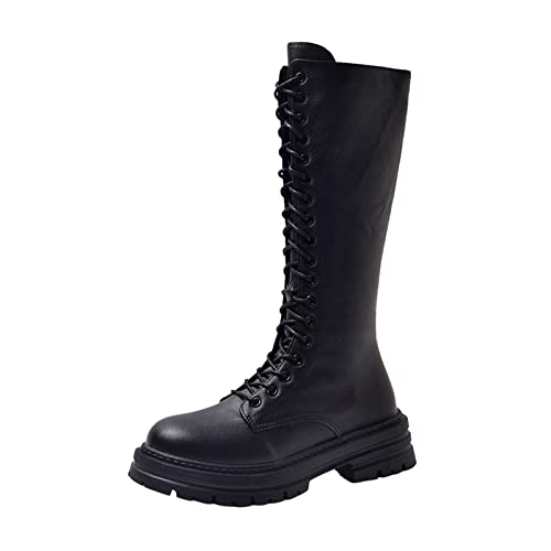 SEEGOU Damen Schnürstiefel aus massivem Leder im britischen Stil mit seitlichem Reißverschluss, Flache Modestiefel Damen Schwarz Kniehoch Mit Absatz von SEEGOU