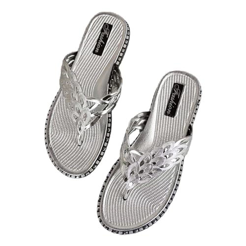 SEEGOU Damen-Strandsandalen, hohl, lässige Hausschuhe, flache Clip-Toe-Schuhe, Vintage-Sandalen Schuhe Schwarz Damen (Silver, 37) von SEEGOU