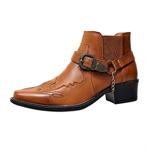 SEEGOU Mode Herren Lederstiefel Gürtelschnalle Dicker Absatz Spitz Kurze Stiefel Wasserdichte Rutschfest Westernstiefel Klassischer Outdoor-Stiefel mit Keilabsatz Slip-on Bootie von SEEGOU