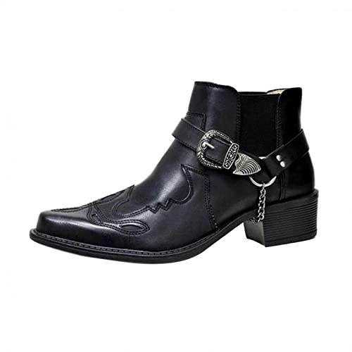 SEEGOU Mode Herren Lederstiefel Gürtelschnalle Dicker Absatz Spitz Kurze Stiefel Wasserdichte Rutschfest Westernstiefel Klassischer Outdoor-Stiefel mit Keilabsatz Slip-on Bootie von SEEGOU