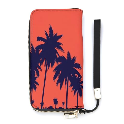 SEEKJOYS Geldbörse für Damen, Palmen unter Sonnenuntergang, Kartenhalter, Clutch, stilvolle Ledergeldbörse mit Handgelenkschlaufe, lange Damen-Geldbörse, Nachtpalme Tropical, 20x10.5cm von SEEKJOYS