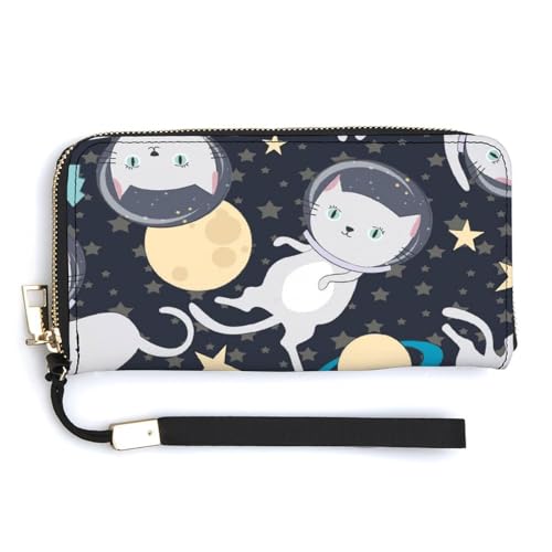 SEEKJOYS Geldbörsen für Frauen Süße Katze Astronaut Lange Frauen Geldbörse mit Handgelenkschlaufe PU Leder Große Kapazität Multi Karten Fall Damen Geldbörsen, Niedliche Katze Astronaut, 8X4 in von SEEKJOYS