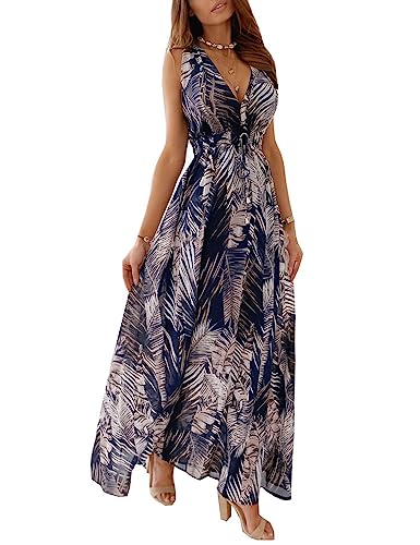 SEEKWISH Damen Sommerkleider Floral Lang Strandkleid V-Ausschnitt Ärmellos,Blau, XL von SEEKWISH