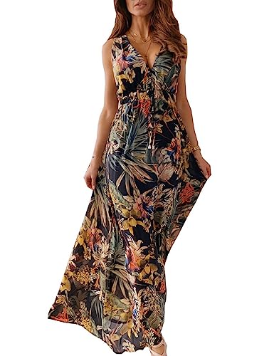 SEEKWISH Damen Sommerkleider Floral Lang Strandkleid V-Ausschnitt Ärmellos,Schwarz, S von SEEKWISH