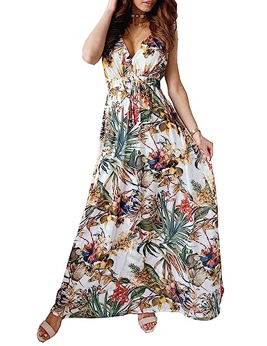 SEEKWISH Damen Sommerkleider Floral Lang Strandkleid V-Ausschnitt Ärmellos,Weiß, M von SEEKWISH