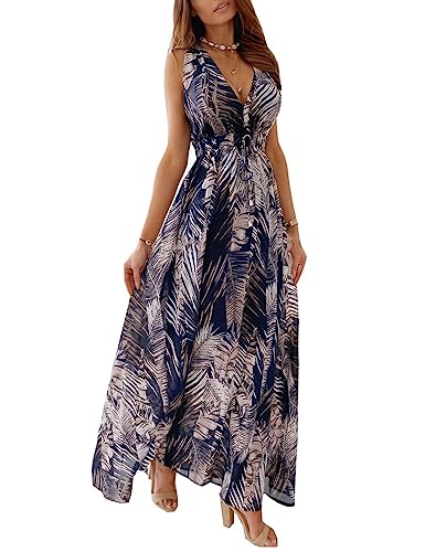 SEEKWISH Damen Sommerkleider Floral Lang Strandkleid V-Ausschnitt Ärmellos,Blau, M von SEEKWISH