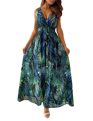 SEEKWISH Damen Sommerkleider Floral Lang Strandkleid V-Ausschnitt Ärmellos,Grün, L von SEEKWISH