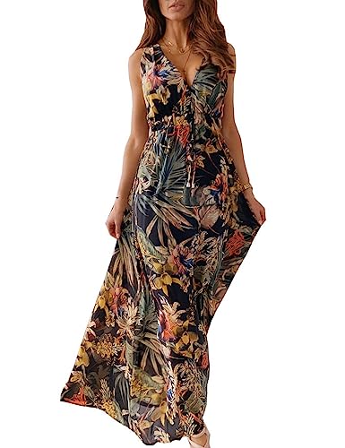 SEEKWISH Damen Sommerkleider Floral Lang Strandkleid V-Ausschnitt Ärmellos,Schwarz, XXL von SEEKWISH