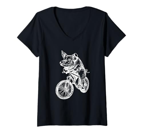 Damen Schwein Reitrad Lustiges Schwein Radfahren Fahrrad Cool Tier Biker T-Shirt mit V-Ausschnitt Damen Schwein Reitrad Lustiges Schwein Radfahren Fahrrad Cool Tier Biker T-Shirt mit V-Ausschnitt von SEEMBO