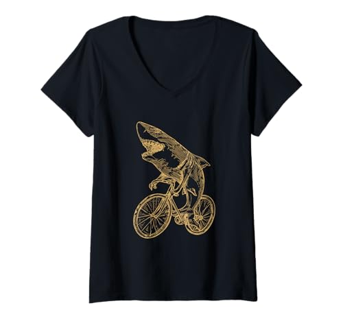 Damen Shark Cycling Fahrrad Strand Radfahrer Fisch Biker Biking Bike T-Shirt mit V-Ausschnitt Damen Shark Cycling Fahrrad Strand Radfahrer Fisch Biker Biking Bike T-Shirt mit V-Ausschnitt von SEEMBO