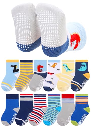 Baby Anti Rutsch Griffe Socken Kleinkinder Mädchen Jungen Anti Rutsch Kinder Baumwolle Infant Crew Socken 12 Paare (3-5 Jahre, Cartoon D) von SEEYAN