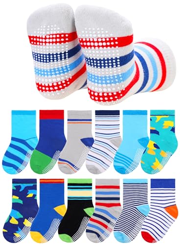 Baby Anti Rutsch Griffe Socken Kleinkinder Mädchen Jungen Anti Rutsch Kinder Baumwolle Infant Crew Socken 12 Paare (6-12 Monate, Streifen Camouflage) von SEEYAN