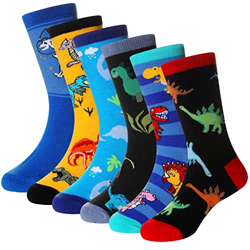 Jungen Baumwolle Crew Socken Kinder Neuheit Tier Weiche Lustige Casual Mode Atmungsaktive Kinder Socken 6 Paare (6 Paare Dinosaurier A, 9-13 Jahre) von SEEYAN