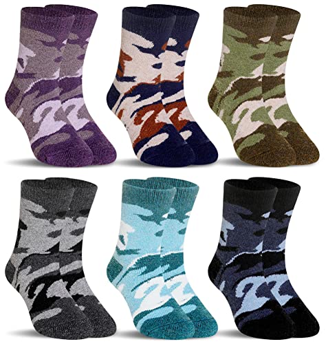 Kinder Merino Wolle Socken Jungen Mädchen Wanderstiefel Winter Thermische Warme Gemütliche Weiche Kleinkind Dicke Crew Socken 6 Paare (6 Paare Camouflage, 8-12 Jahre) von SEEYAN