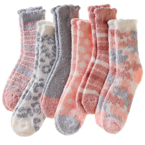 Kuschelsocken Für Damen Flauschige Bettsocken Wintersocken Haussocken Dicke Weiche Thermo Schlafsocken Warme Weihnachtssocken (6 Paar Rosa Serie) von SEEYAN