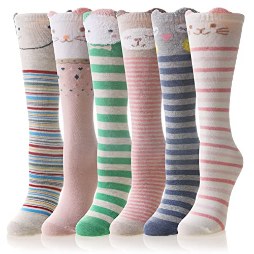 SEEYAN Mädchen Kniestrümpfe für Kinder Geschenke Lange Kniestrümpfe Tier Baumwolle Socken Niedliche Kindersocken 3-12 Jahre (6 Paar Tier J) von SEEYAN