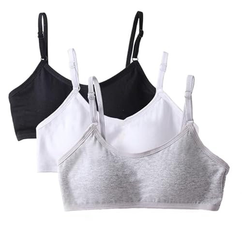SEFIRST 3 Stück Mädchen Sport BHS Teens Unterwäsche mit Fest Gepolsterte und Verstellbarem Schultergurt, Bustier Mädchen, BH, Bralette Top Bustier für 10-14 Jahre Kinder (Schwarz, Weiß, Grau) von SEFIRST