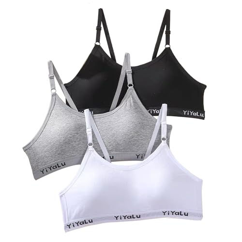 SEFIRST 3 Stück Mädchen Sport BHS Teens Unterwäsche mit Fest Gepolsterte und Verstellbarem Schultergurt, Bustier Mädchen, BH, Bralette Top Bustier für 10-14 Jahre Kinder (Schwarz, Weiß, Grau) von SEFIRST