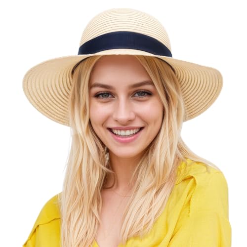 SEFIRST Damen Sonnenhut UV-Schutz Strandhut Faltbar Sommerhut UPF 50+ Strohhut mit Breite Krempe, Sommerhut Verstellbare Strohhut für Mädchen, Panamahut für Strand, Garten, Pool, Park, Beige von SEFIRST