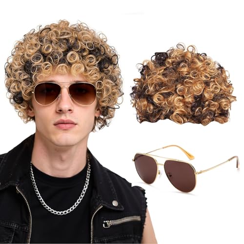 SEFIRST 2 Stück Herren Perücke 70er 80er Jahre Disco Dude Dirt Bag Perücke Kurz Gelockt Afro Shaggy Perücken, Vokuhila Perücken, 80er jahre outfit herren für Cosplay Halloween Party, Blond Mix Schwarz von SEFIRST