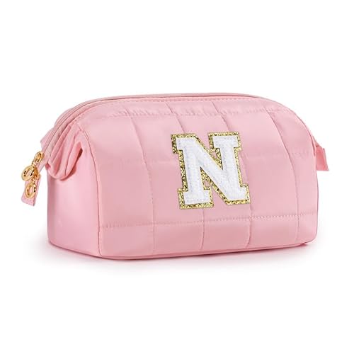 SEFORICO Kosmetiktasche für Frauen Mädchen - Personalisierte Geschenke für Frauen Weit offene Kulturtaschen Geschenk Mädchen 8 9 10 11 Jahre Initiale Make-up Tasche für Damen Waschtasche(Rosa N) von SEFORICO