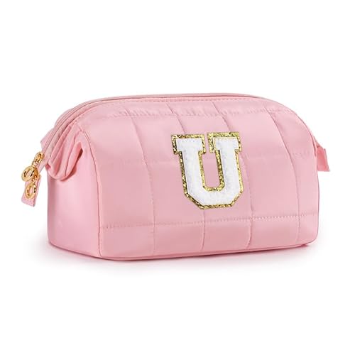 SEFORICO Kosmetiktasche für Frauen Mädchen - Personalisierte Geschenke für Frauen Weit offene Kulturtaschen Geschenk Mädchen 8 9 10 11 Jahre Initiale Make-up Tasche für Damen Waschtasche(Rosa U) von SEFORICO