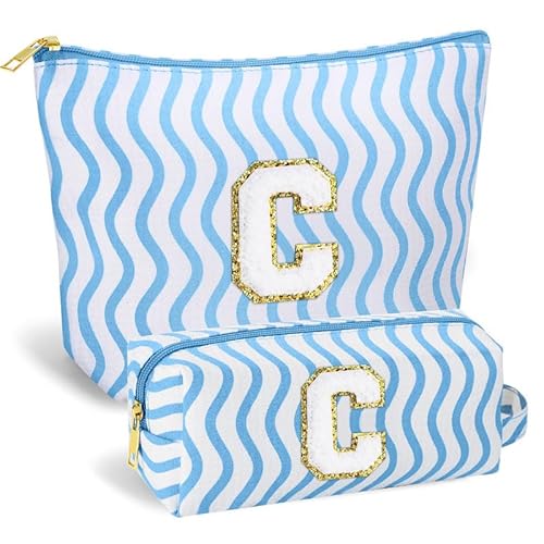 SEFORICO Personalisierte Kosmetiktasche Damen Mädchen - Geburtstagsgeschenke für Frauen A-Z Schminktaschen 2 Pack Reise Kosmetiktaschen Geschenke für Teenager Mädchen, Beste Freunde, Schweste(Blau C) von SEFORICO
