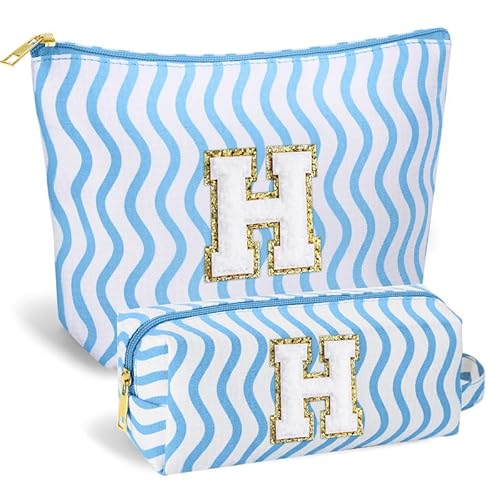 SEFORICO Personalisierte Kosmetiktasche Damen Mädchen - Geburtstagsgeschenke für Frauen A-Z Schminktaschen 2 Pack Reise Kosmetiktaschen Geschenke für Teenager Mädchen, Beste Freunde, Schweste(Blau H) von SEFORICO
