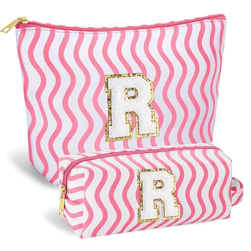SEFORICO Personalisierte Kosmetiktasche Damen Mädchen - Geburtstagsgeschenke für Frauen A-Z Schminktaschen 2 Pack Reise Kosmetiktaschen Geschenke für Teenager Mädchen, Beste Freunde, Schweste(Rosa R) von SEFORICO