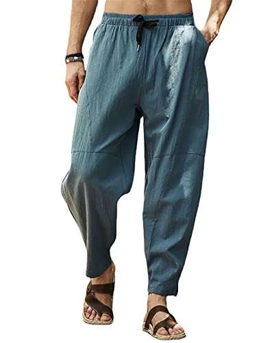 SEGANUP Leinenhose für Herren, leichte Sommerhose, lässig, elastische Hose in der Taille, Strandhose Yoga, Blauer See., XXL von SEGANUP