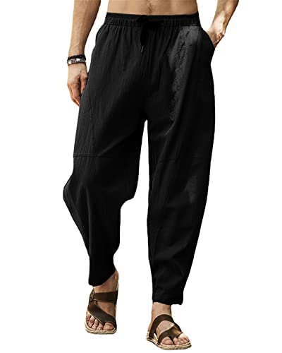 SEGANUP Leinenhose für Herren, leichte Sommerhose, lässig, elastische Hose in der Taille, Strandhose Yoga, Schwarz , 56 von SEGANUP