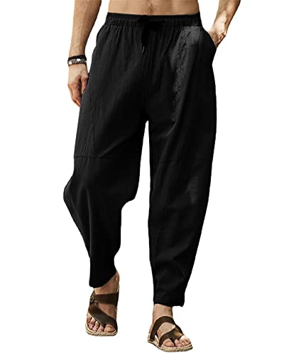 SEGANUP Leinenhose für Herren Leichte Sommerhose Casual Elastische Taille Hosen Strand Yogahosen, Schwarz , XL von SEGANUP