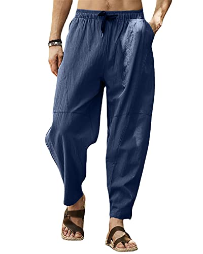 SEGANUP Leinenhose für Herren Leichte Sommerhose Casual Elastische Taille Hosen Strand Yogahosen, Tiefblau, M von SEGANUP