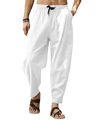 SEGANUP Leinenhose für Herren Leichte Sommerhose Casual Elastische Taille Hosen Strand Yogahosen, Weiß, 56 von SEGANUP