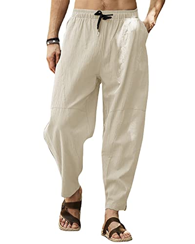 SEGANUP Leinenhose für Herren Leichte Sommerhose Casual Elastische Taille Hosen Strand Yogahosen, beige, 56 von SEGANUP