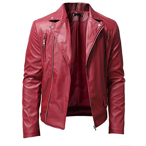 Herren Lederjacke Mode Einfarbig Stehkragen Punk Motorrad Washed PU Leder Langarm Revers Casual Outwear, rot, M von SEGH