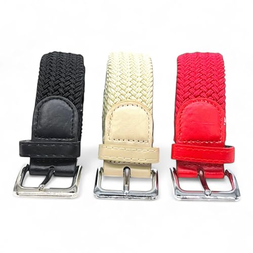 SEGMENTES Elastischer geflochtener Gürtel, 3er-Set für Damen und Herren, Einheitsgröße, für Anzug oder Freizeit, Länge von 110 bis 140 cm, Creme, Rot und Schwarz von SEGMENTES