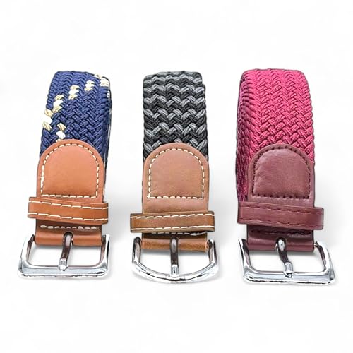 SEGMENTES Elastischer geflochtener Gürtel, 3er-Set für Damen und Herren, Einheitsgröße, für Anzug oder Freizeit, Länge von 110 bis 140 cm, Granatrot, Schwarz-Grau und Blau-Weiß-Creme von SEGMENTES