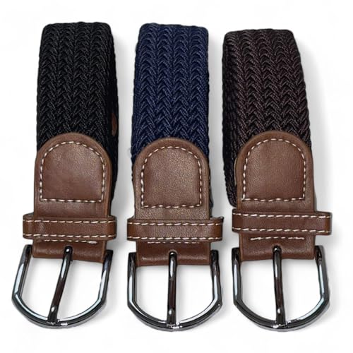 SEGMENTES Elastischer geflochtener Gürtel, 3er-Set für Damen und Herren, Einheitsgröße, für Anzug oder Freizeit, Länge von 110 bis 140 cm, Schwarz, Marineblau und Braun von SEGMENTES