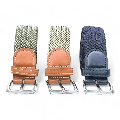 SEGMENTES Elastischer geflochtener Gürtel, 3er-Set für Damen und Herren, Einheitsgröße, für Anzug oder Freizeit, Länge von 110 bis 140 cm, Grün/Weiß, Blau/Marineblau, Beige/Schwarz von SEGMENTES