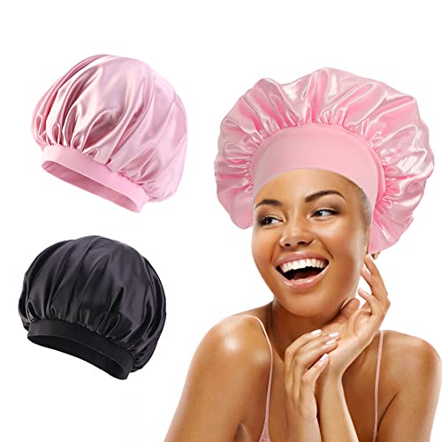 SEGMINISMART Satin Bonnet,Schlafmütze Satin Damen,Satin Schlafmütze,2Pc Nachtmütze Bonnet Verstellbare Silk Bonnet zum Schlafen Weiche Satin Haube für Locken Damen und Mädchen,Rosa + Schwarz von SEGMINISMART