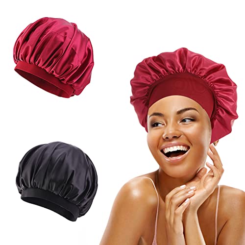 Satin Bonnet,Schlafmütze Satin Damen,Satin Schlafmütze,Schlafhaube Seide,2Pc Nachtmütze Bonnet Verstellbare Silk Bonnet Seidenhaube zum Schlafen Weiche Satin Haube für Locken Damen und Mädchen von SEGMINISMART